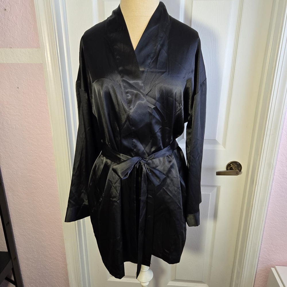 Vintage Victoria's Secret Black‎ Satin Kimono Robe One Size O/S Lingerie Y2K